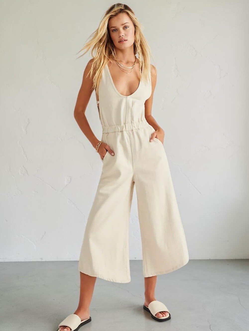 Free People Alora Cropped Wide Leg Jumpsuit Sleeveless Womens S Ivory Cotton